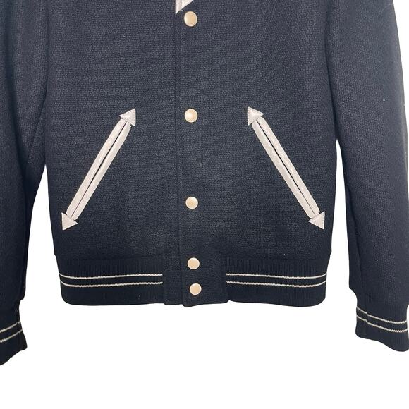 CELINE Black Jack Teddy Cream Leather-Trimmed Wool-Blend Varsity Jacket 46 US S - Picture 11 of 16